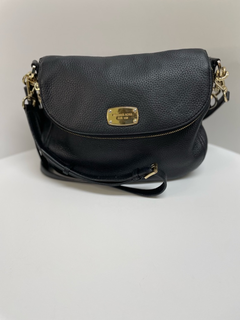 Michael Kors Black Pebbled Leather Flap Crossbody with Gold Hardware